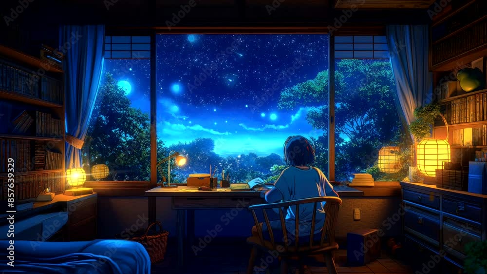 Cozy study room with books, desk lamp, large window showing moonlit cityscape, and anime girl doing homework for lofi background music