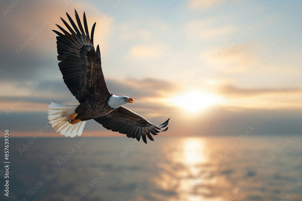 An American bald eagle soaring high in the sky with the sun setting in the background, symbolizing freedom and patriotism, majestic and powerful. An American bald eagle soaring high in the sky with the sun setting in the background, symbolizing freedom and patriotism, majestic and powerful.