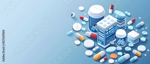 An assortment of pills and capsules, depicted in a playful isometric style, surround a bottle shaped like a hospital building. photo