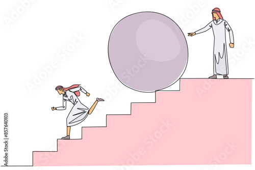 Continuous one line drawing Arabian businessman running down stairs avoiding big ball. Attacked by business friend. Traitor in business. Cheating. Betray. Single line draw design vector illustration