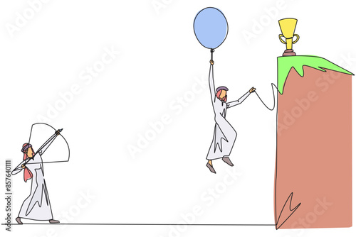 Single continuous line drawing Arab businessman wants to achieve prizes at the peak of the career. Getting resistance from all directions. Painful failure. Traitor. One line design vector illustration