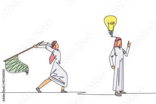 Single one line drawing Arabian businessman with an idea. A brilliant idea that will be stolen by a business partner. Cheating. Business betrayal. Fake. Continuous line design graphic illustration
