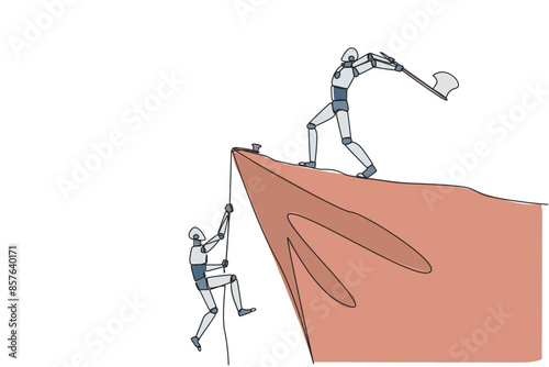 Continuous one line drawing smart robot climbs cliff with rope. Almost successful. Rudely dropped by a business friend. Fake partner. The worst teamwork. Single line draw design vector illustration