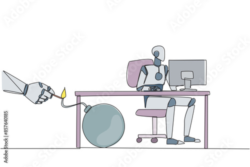 Single one line drawing smart robot typing at a computer desk. Trapped by business partner. A bomb that could explode at any time. Betrayed by a colleague. Continuous line design graphic illustration
