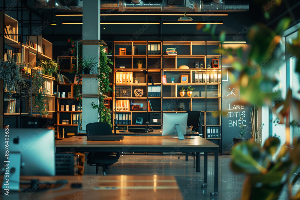 Contemporary office with multiple workstations, ergonomic chairs, and large windows, reflecting a bright and efficient work environment. Contemporary office with multiple workstations, ergonomic chairs, and large windows, reflecting a bright and efficient work environment.