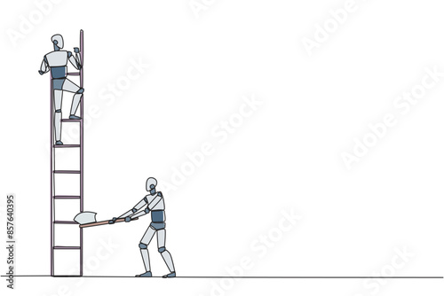 Single continuous line drawing smart robot climbs the ladder to achieve the expected reward. Destroyed silently. Business failed to develop. Destroyed by traitors. One line design vector illustration
