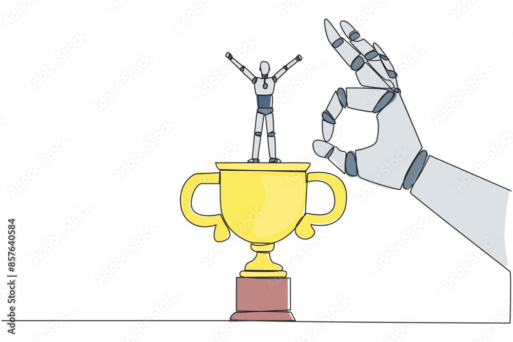 Single continuous line drawing the smart robot standing on big trophy. Celebrating the success of business. Got fraudulent business opponents. Falling helpless. One line design vector illustration