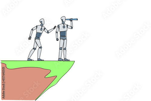 Single continuous line drawing the smart robot monitoring something at the edge of cliff using binocular. Monitoring business. Taken down by traitor from behind. One line design vector illustration