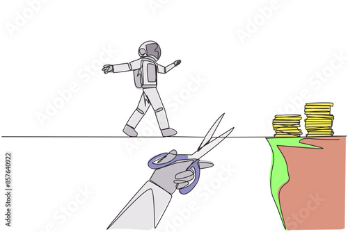 Continuous one line drawing the astronaut walking on tightrope from one cliff to another. Failed to move to much better place. Cheated by business friend. Single line draw design vector illustration