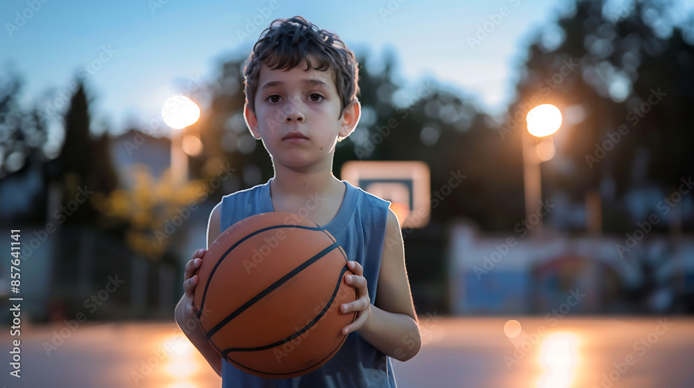 Young child holding basketball on outdoor court, under bright blue sky with clouds Young child holding basketball on outdoor court, under bright blue sky with clouds