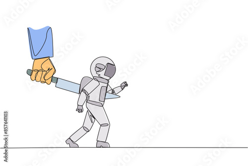 Single continuous line drawing astronaut stabbed in the back by a large knife. Cheated to ruin by a business partner. An enemy disguised as a friend. The traitor. One line design vector illustration