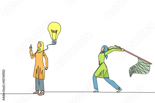Single one line drawing Arabian businesswoman with an idea. A brilliant idea that will be stolen by a business partner. Cheating. Business betrayal. Fake. Continuous line design graphic illustration