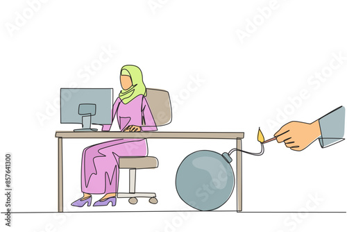 Continuous one line drawing Arab businesswoman typing at computer. Trapped by business partner. Bomb that could explode at any time. Betrayed by colleague. Single line draw design vector illustration