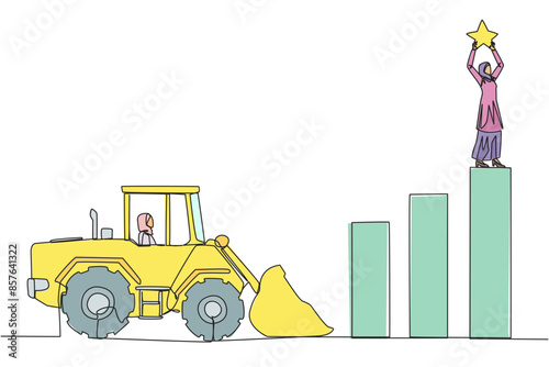 Single continuous line drawing Arab businesswoman standing on highest bar raising a star. Bulldozer ready to destroy the happiness. Betrayal. Fake friends. Traitor. One line design vector illustration