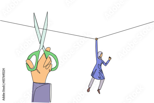Single one line drawing Arab businesswoman hanging from rope. Big hand want to cut the rope. Maintaining a nearly useless business. Thwarted by traitors. Continuous line design graphic illustration
