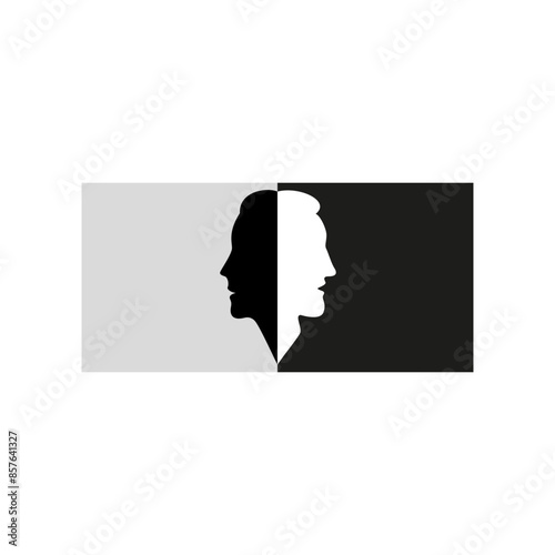 Profiles and silhouette of a man and a woman face to face together. Two black and white silhouettes of a man and a woman as one opposite. Male and female. Vector illustration.