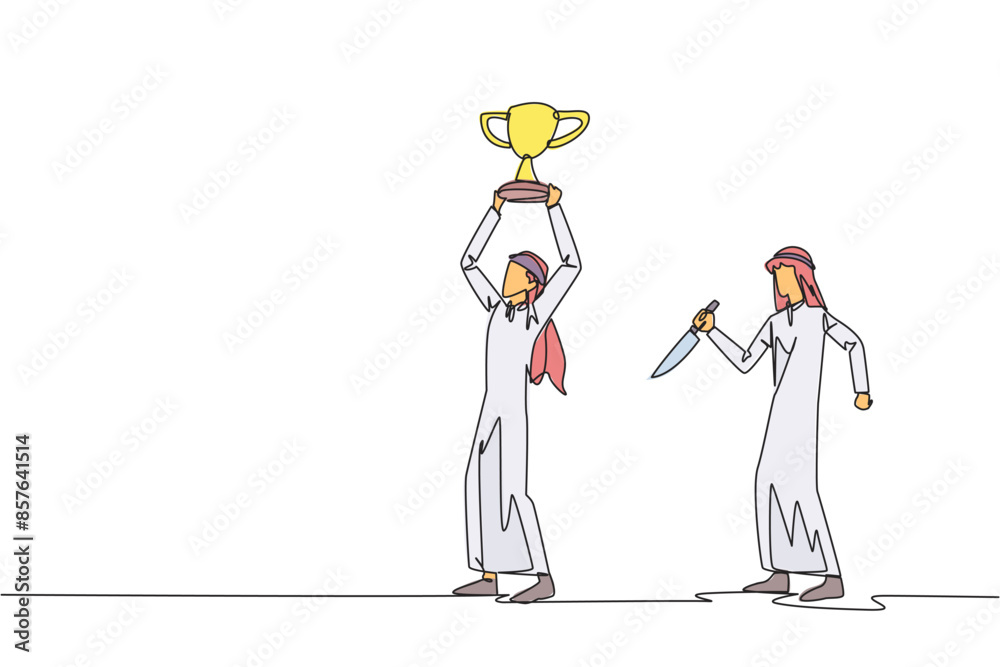 Single one line drawing Arab businessman standing lifting trophy. Business friends prepare to stab in the back. Unhealthy business competition. The traitor. Continuous line design graphic illustration Single one line drawing Arab businessman standing lifting trophy. Business friends prepare to stab in the back. Unhealthy business competition. The traitor. Continuous line design graphic illustration