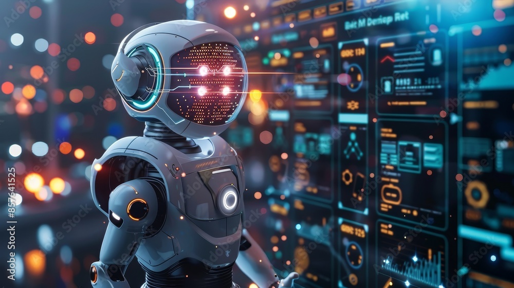 Obraz premium Futuristic robot analyzing data on a digital interface, representing advanced technology and artificial intelligence concepts.