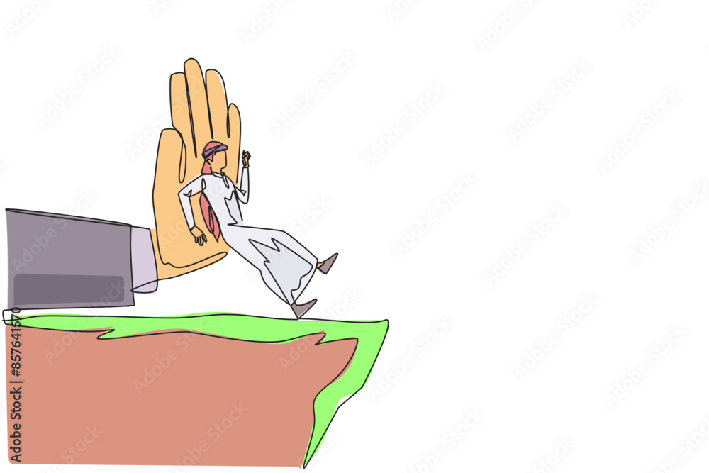 Single one line drawing Arab businessman standing on edge of cliff. Something big wants to bring down the business. Invisible enemy. Bring down competitor. Continuous line design graphic illustration Single one line drawing Arab businessman standing on edge of cliff. Something big wants to bring down the business. Invisible enemy. Bring down competitor. Continuous line design graphic illustration
