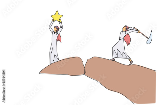 Continuous one line drawing Arab businessman standing on edge of cliff holding up a star. Hypocrite partner want to destroy the achievement. The traitor. Single line draw design vector illustration