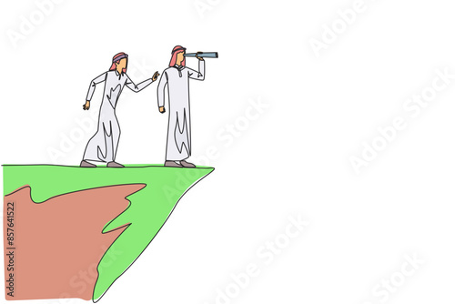 Single continuous line drawing Arab businessman monitoring something at the edge of cliff using binocular. Monitoring business. Taken down by traitor from behind. One line design vector illustration