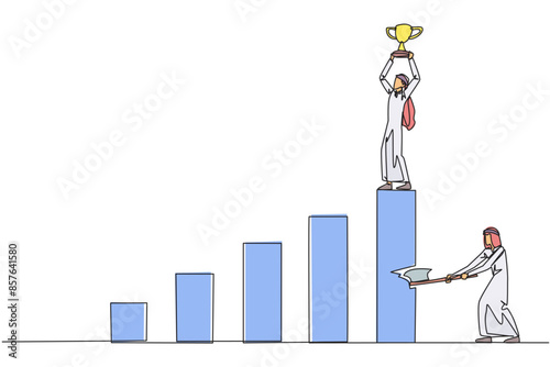 Single continuous line drawing Arab businessman achieves highest honors. The hypocrite who doesn't like business partner's happiness. Thorn in the flesh. Traitor. One line design vector illustration