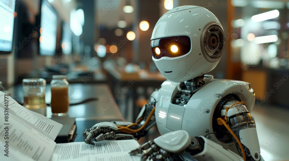 Robot reading book at a cafe, representing artificial intelligence and future technology. Modern robotics in an everyday setting. Robot reading book at a cafe, representing artificial intelligence and future technology. Modern robotics in an everyday setting.
