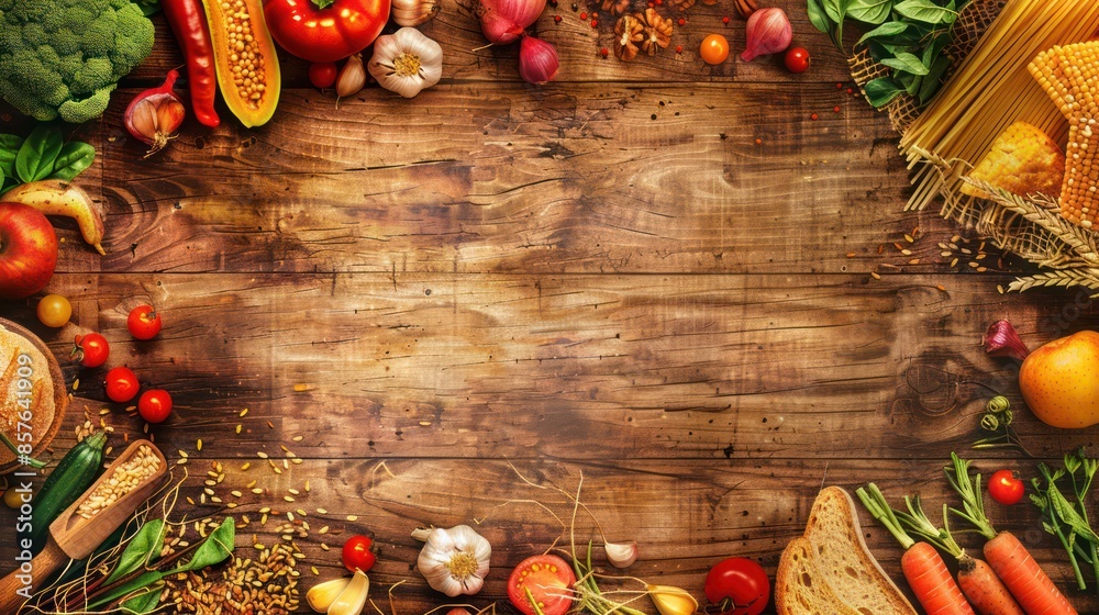 Healthy breakfast ingredients, food frame. Granola, egg, nuts, fruits, berries, toast, milk, yogurt, orange juice, cheese, banana, apple on wooden rustic background, top view, copy space. Banner Healthy breakfast ingredients, food frame. Granola, egg, nuts, fruits, berries, toast, milk, yogurt, orange juice, cheese, banana, apple on wooden rustic background, top view, copy space. Banner