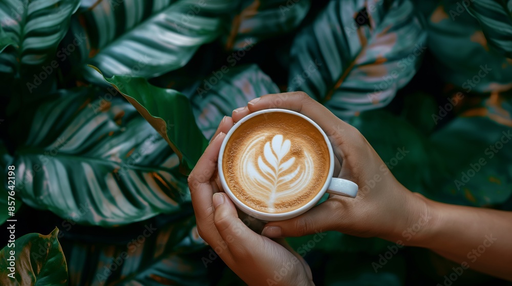 Close up of hands holding a cup of latte art against a lush green background. Close up of hands holding a cup of latte art against a lush green background.