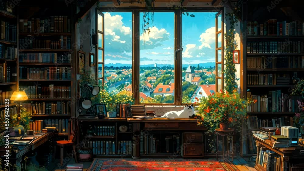 Cozy study room with a scenic view of the outdoors through large windows Cozy study room with a scenic view of the outdoors through large windows