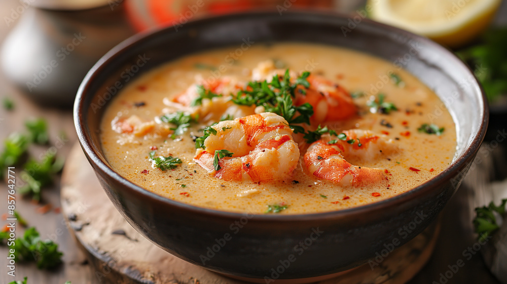 bowl of creamy lobster bisque soup. bowl of creamy lobster bisque soup.