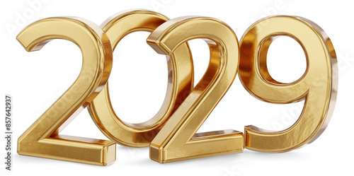 year 2029 as number as new year, golden metallic letters in regular slightly bold font width, isolated on transparent background 