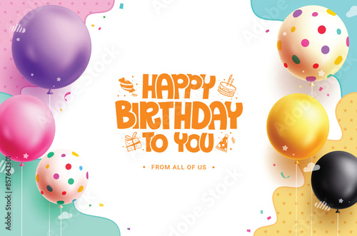 Happy birthday greeting vector template design. Birthday greeting text with colorful balloons floating party decoration elements in abstract background. Vector illustration invitation card template. 
