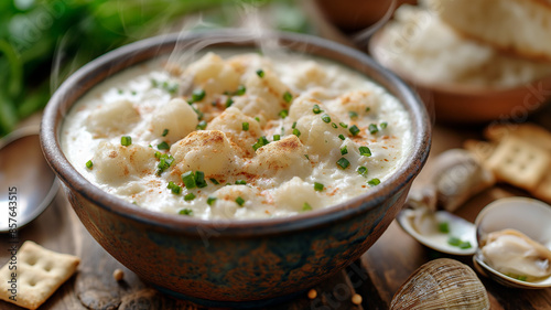 Steaming Bowl of Clam Chowder with Oyster Crackers and Copy Space photo