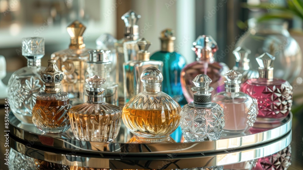 collection of assorted perfume bottles arranged on a mirrored tray collection of assorted perfume bottles arranged on a mirrored tray