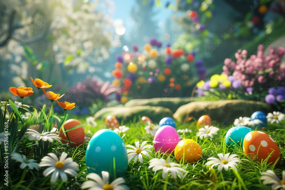 Close up of a cheerful Easter egg hunt in a sunny garden with colorful eggs, created by ai
