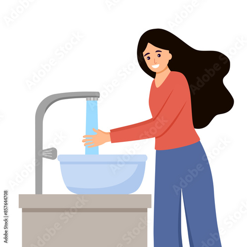 Woman washing her hands in the sink concept vector illustration. Washing hands under faucet with water.