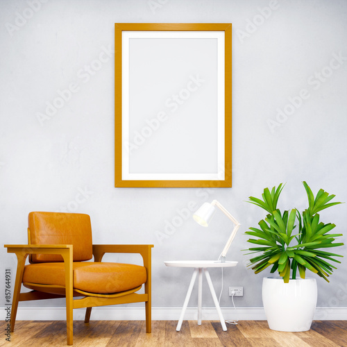 Mockup frame on table in living room interior on empty white wall background.