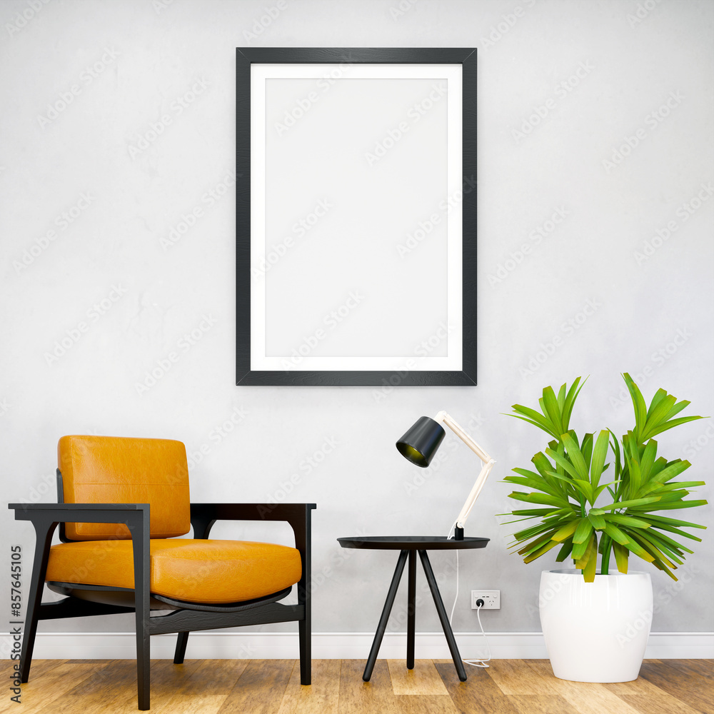 Mockup frame on table in living room interior on empty white wall background. Mockup frame on table in living room interior on empty white wall background.