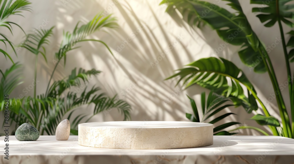 Cosmetics product advertising podium stand with tropical leaves background. Empty natural stone pedestal platform to display beauty product. Mockup