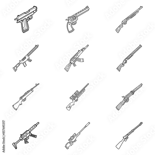 set of firearms line art vector icon isolated on white background