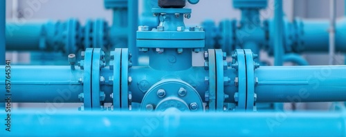 Detailed view of industrial valves and pipes with a blue hue, engineering details, industrial infrastructure © chayantorn