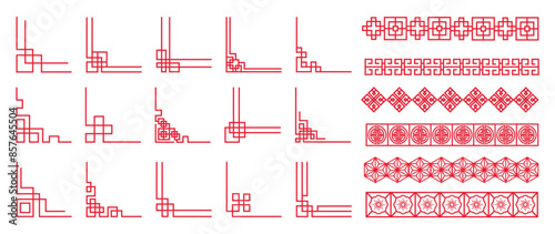 Chinese frame corner ornament vector set. Traditional decorative elements with line, corner, frame, header, pattern. Illustration of elegant design suitable for card, invitation, poster, cover