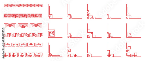 Chinese frame corner ornament vector set. Traditional decorative elements with line, corner, frame, header, pattern. Illustration of elegant design suitable for card, invitation, poster, cover