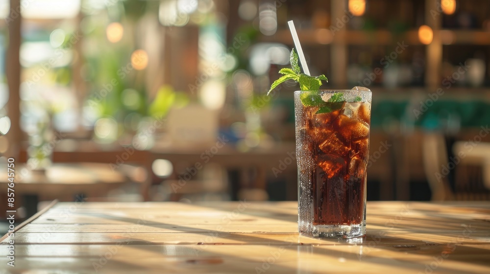 A refreshing soda with mint leaves and a straw, placed on a cafe table with space for text --ar 16:9 Job ID: d37cd098-ebbb-4f13-9c5d-707faddf085b A refreshing soda with mint leaves and a straw, placed on a cafe table with space for text --ar 16:9 Job ID: d37cd098-ebbb-4f13-9c5d-707faddf085b