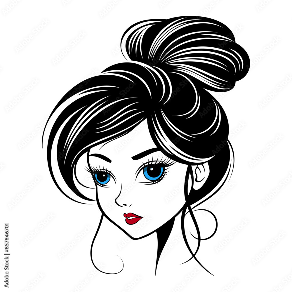 Beautiful girl with blue eyes, red lips with long hairstyle black and white vector illustration. Beautiful girl with blue eyes, red lips with long hairstyle black and white vector illustration.