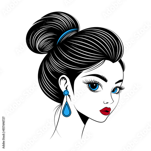 Silhouette of a Beautiful woman with a blue hair bun and blue eyes. Vector illustration.