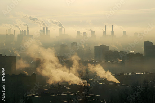Industrial Cityscape with Heavy Air Pollution at Dawn photo