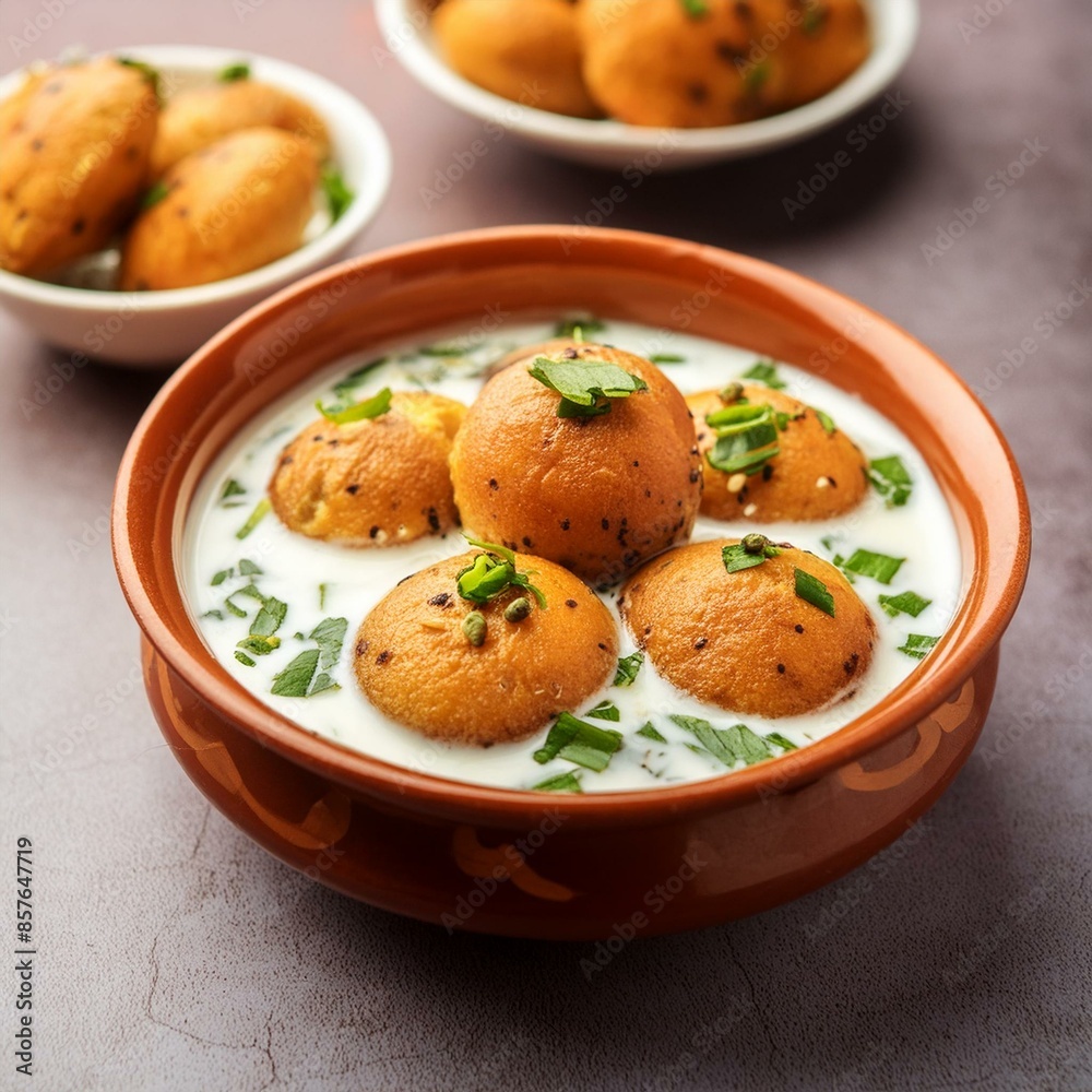 Indian popular food dahi vada also called dahi bhalla, dahi bhalle or dahi bada with topped curd and spices Indian popular food dahi vada also called dahi bhalla, dahi bhalle or dahi bada with topped curd and spices