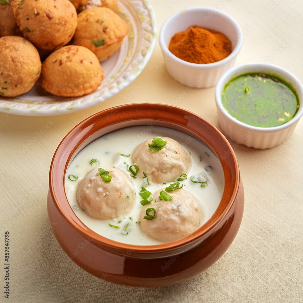 Indian popular food dahi vada also called dahi bhalla, dahi bhalle or dahi bada with topped curd and spices Indian popular food dahi vada also called dahi bhalla, dahi bhalle or dahi bada with topped curd and spices